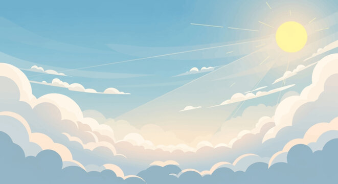 Bright Sun and Fluffy Clouds in a Clear Blue Sky.