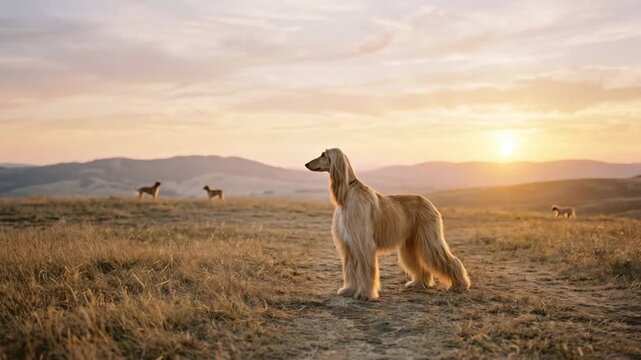 Afghan Hound Distribution at golden hour landscape 