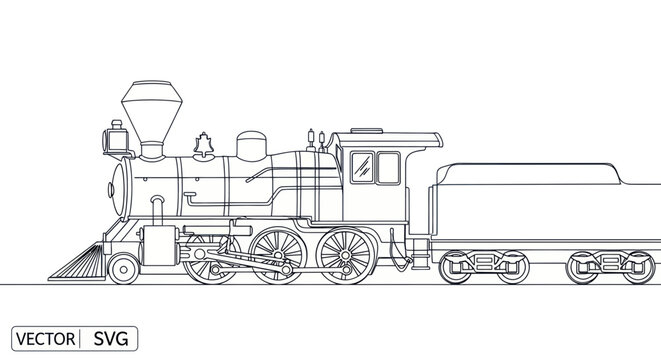 Vintage Steam Locomotive and Train Car Outline Drawing