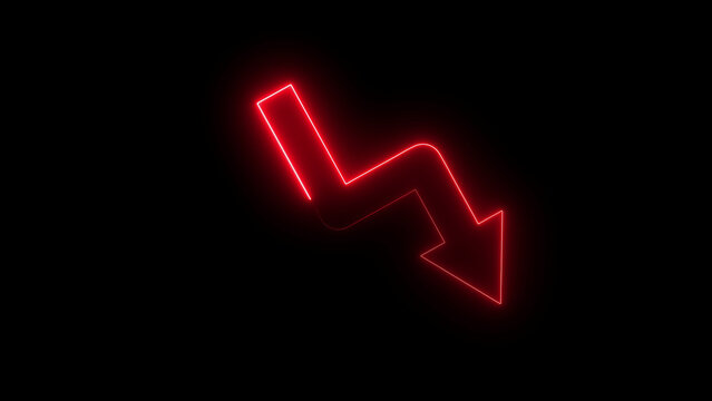 Red neon glowing arrow pointing down representing a financial market decline or business loss concept on a dark black background for digital design