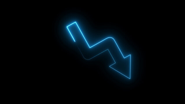 Glowing blue neon arrow pointing down showing a sharp decline trend or financial loss symbol on a dark black background for business and data analysis