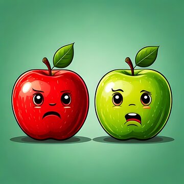 Sad apples, one red, one green, with faces