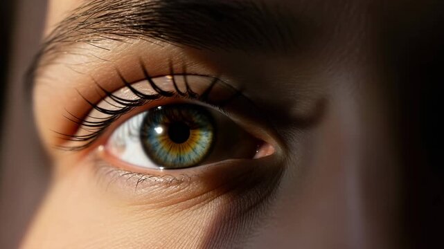 Close-up of a human eye with green iris and long eyelashes  