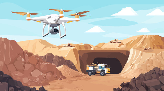 Drone captures quarry site with rocks, truck, cliffs, and stratified terrain under blue sky