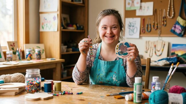 Happy woman with down syndrome creating handmade artwork