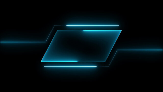 Abstract glowing blue neon parallelogram shape with horizontal light lines on a dark background for modern digital technology or futuristic design