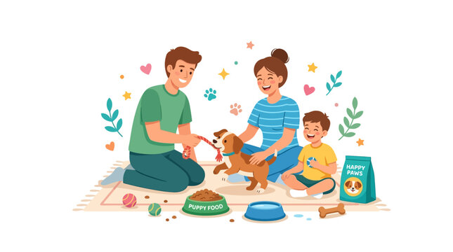 Family feeding puppy at home with dog food