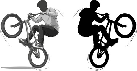 Naklejka premium Extreme bmx wheelie stunt illustration showing detailed gray scale and solid black silhouette comparison.