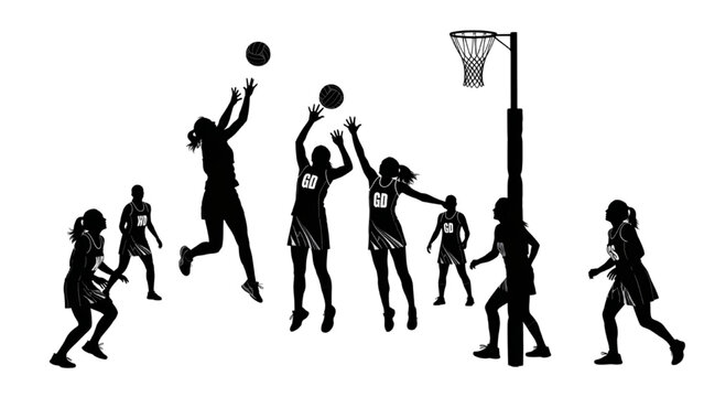 Netball Silhouette People Playing Sport Action on White Background, Architecture Scale Figures Style Vector Illustration
