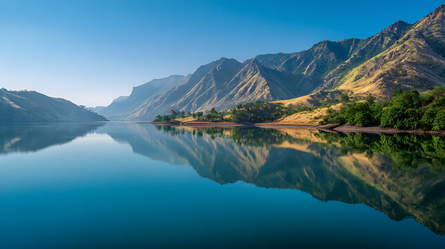 Mountain lake reflecting jagged peaks at sunrise