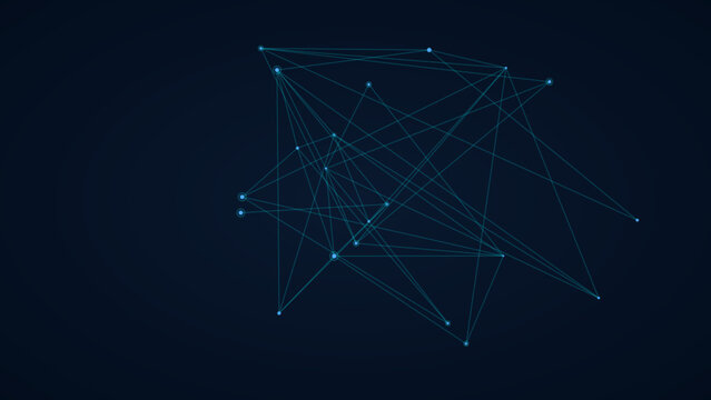 Abstract connected nodes and lines forming a network structure with dark background, neural network