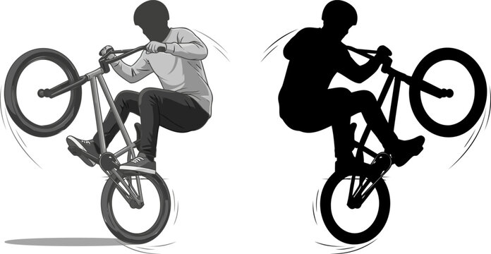 Extreme bmx wheelie stunt illustration showing detailed gray scale and solid black silhouette comparison.