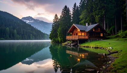 Fototapeta premium Serene mountain lake cabin at dusk, warm glow