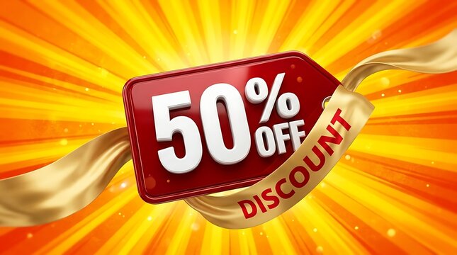 50 Percent Off Discount Tag with Golden Ribbon and Sunburst Background.