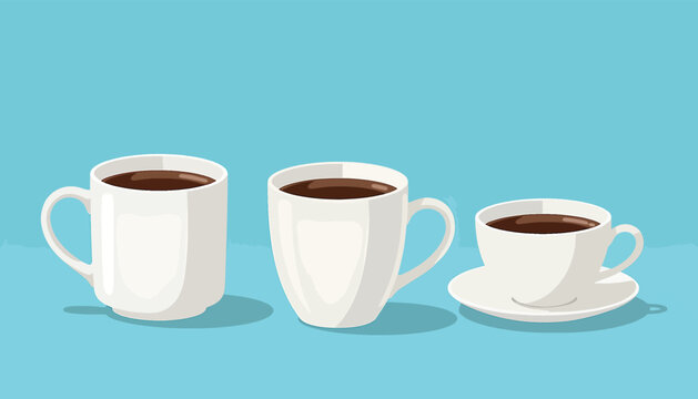 Three white ceramic mugs filled with dark hot chocolate or black coffee, viewed from a slight angle perspective on a plain white background, minimalist beverage still life vector.