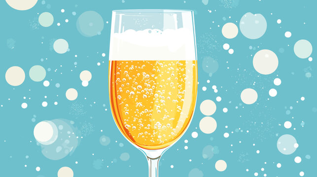 Golden champagne in a flute with teal bubbles and abstract circular patterns
