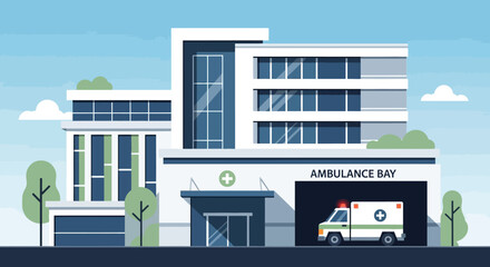 Modern Hospital Building with Ambulance Bay and Emergency Vehicle. © Ahyar