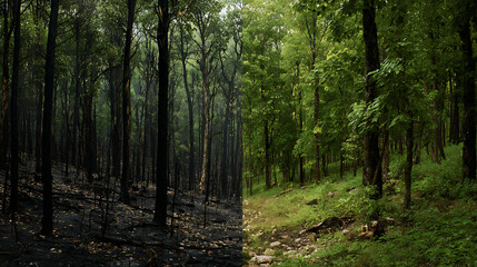 Fototapeta premium Forest path with burnt and green sides under sunlight