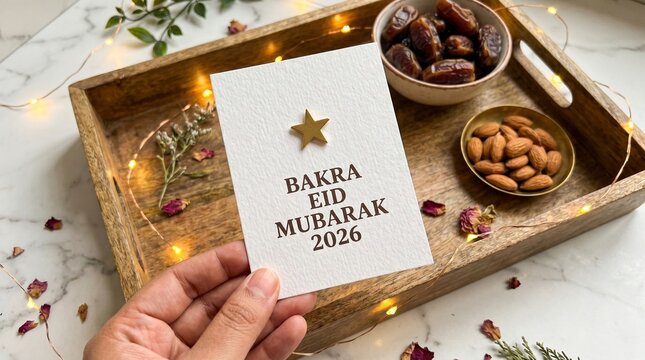 Hand holding Bakra Eid Mubarak 2026 card above tray with dates, almonds, dried flowers, and fairy lights.