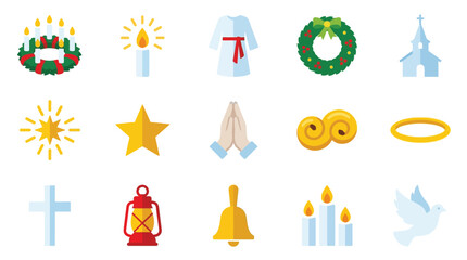 Naklejka premium Collection of Christmas and religious symbols icons, including a wreath, candle, star, cross, and dove.
