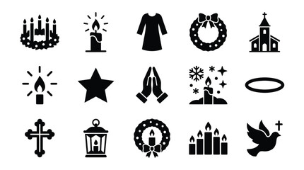 Naklejka premium Collection of religious and holiday icons including candles, crosses, wreaths, and doves.