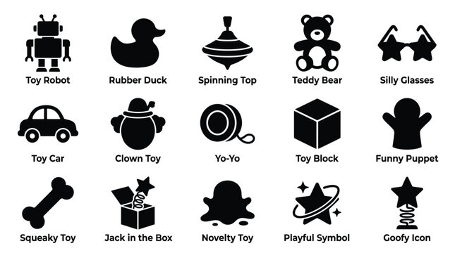 Collection of various black and white toy icons, including a robot, duck, teddy bear, and car.