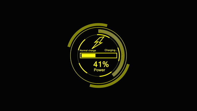 Yellow circular battery power charging progress bar interface design with lightning bolt icon on a simple black background for modern digital technology