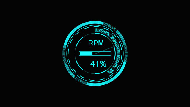 Cyan neon rpm gauge circular digital speedometer interface showing forty one percent speed progress with futuristic glowing technology design elements
