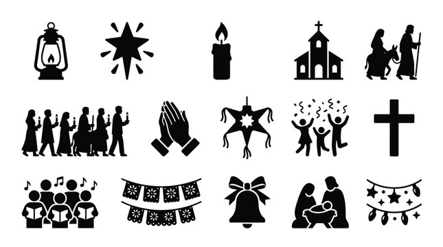 Collection of Christmas and Nativity icons, including a lantern, star, candle, church, and nativity scene.