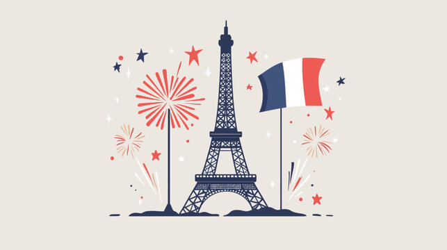 Celebrates French heritage with the Eiffel Tower, fireworks, and flag