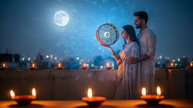 Indian couple standing on a rooftop celebrating Karwa Chauth under the moon