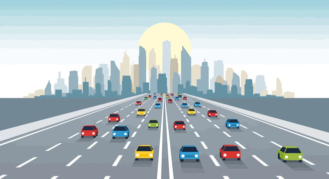 Cars driving on a multi-lane highway towards a city skyline at sunset.