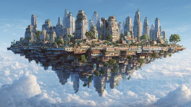 Upside-down city floating in the sky 