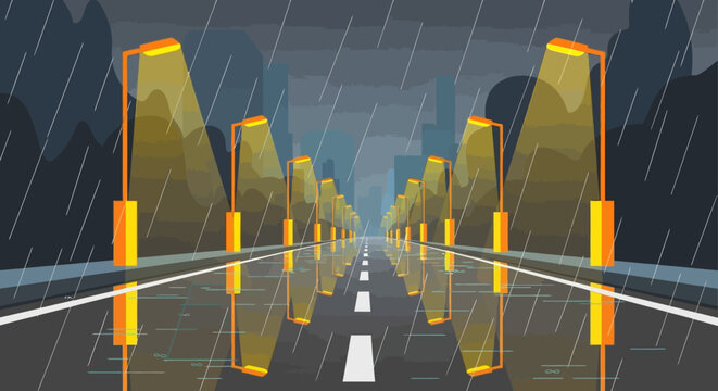 Empty wet road with streetlights during a rainy night.