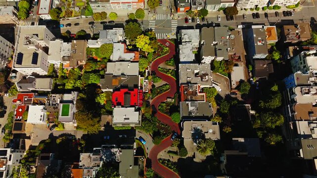 Aerial drone reveal of famous curved Lombard Street in San Francisco