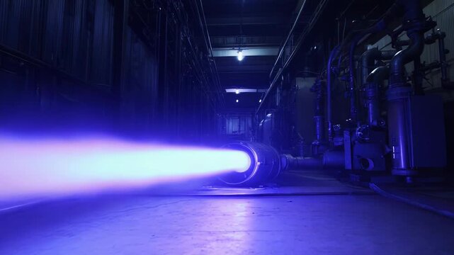 Engine firing a powerful blue plasma jet stream, undergoing testing in a dark industrial facility, showcasing advanced aerospace engineering and pushing the boundaries of scientific research