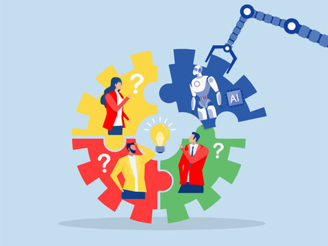 ai AI, Artificial Intelligence,robot new joiner to connect jigsaw puzzle,New joiner to fill in team and solve problem, teamwork to get solution, put right man in the right job to fit job