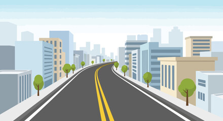 Fototapeta premium Empty city road with buildings and trees on the sides.