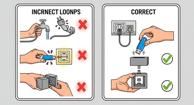 Incorrect vs. Correct plug usage and USB device insertion diagrams