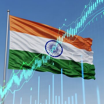 Indian flag waves against sky with superimposed financial charts