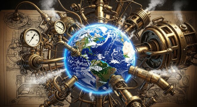 Earth planet connected to steampunk machine with steam gauges