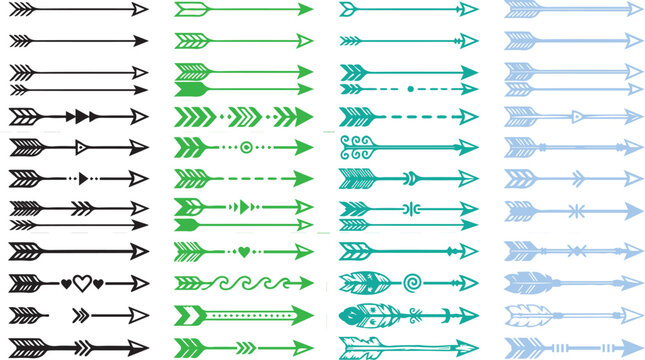 Colorful Decorative Tribal Boho Arrow Mega Set Vector Collection in Black Green Teal and Blue with Feather Ornamental Heart and Ethnic Style Symbols