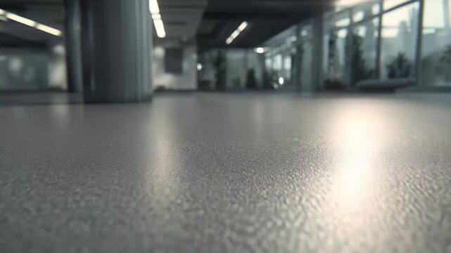 Floor surface with subtle texture and soft reflections, extending into a spacious, empty contemporary office interior with blurred background elements and bright lighting