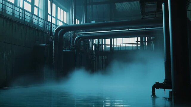Interior of a dark and moody abandoned industrial facility with pipes and heavy machinery, a floor covered in calm, reflective water, and mysterious mist filling the air