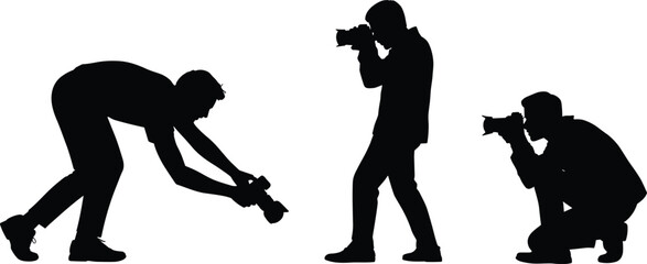 Photographer silhouettes in action poses, people shooting photos with camera, professional photography concept isolated on white background © SreePoreshChandra