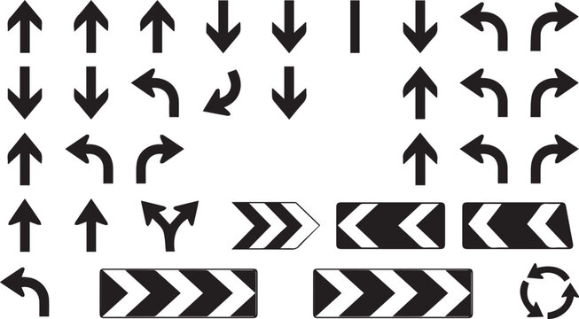 Black and White Traffic and Road Direction Arrow Icon Set Vector Collection with Up Down Curved Turn Fork Chevron Sign Board and Refresh Symbols