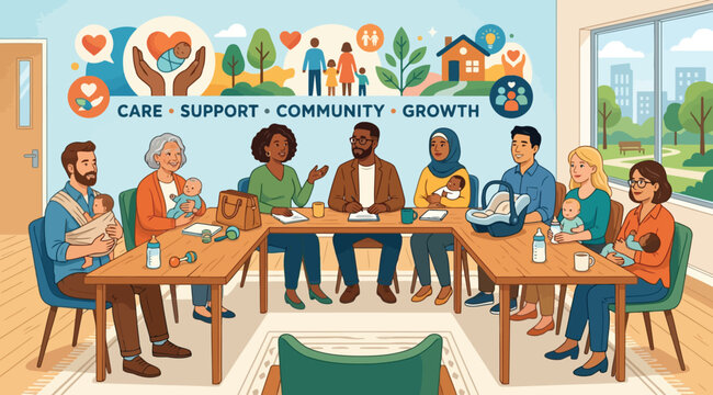 Diverse group of parents and infants in a support group meeting with mural background