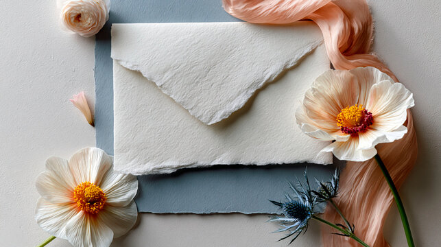 Elegant handmade envelope mockup with delicate flowers and soft silk ribbon in romantic stationery flat lay photography