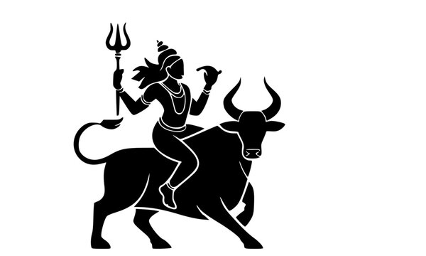  Black silhouette of Hindu deity riding a sacred bull holding a trident isolated on white background, ideal for religious, spiritual, and traditional Indian cultural design projects