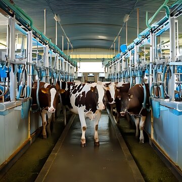Cows lined up in a modern milking barn